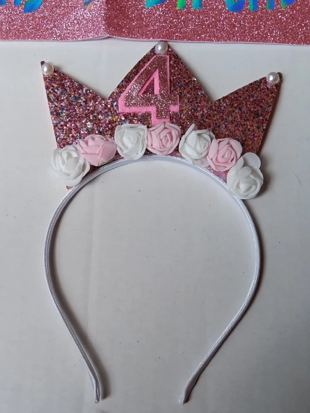 GIRLS  SPARKLE 'ITS MY 4TH BIRTHDAY' PINK CROWN WITH 4 HEADBAND & SASH SET